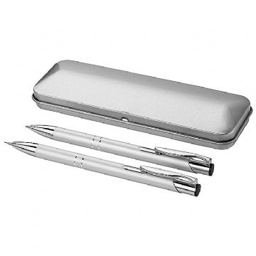 Garnitura olovka kemijska + olovka tehnička u metalnoj kutiji srebrna