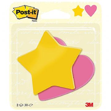 Blok samoljepljiv oblik Srce i Zvijezda 70x72mm 2x30L Post-it 3M.sortirano blister